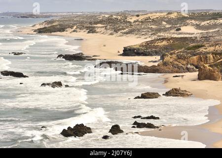 Grasbewachsene Sanddünen, der Strand Praia do Malhao, der Südwesten von Alentejo und der Naturpark Vicentine Coast im Südwesten Portugals. Stockfoto