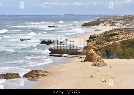 Grasbewachsene Sanddünen, der Strand Praia do Malhao, der Südwesten von Alentejo und der Naturpark Vicentine Coast im Südwesten Portugals. Stockfoto