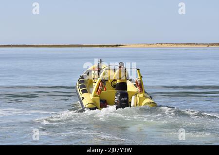 Animaris Ilha Deserta (Bootstour-Agentur) Motorboot, das zwischen Faro und der Insel Barreta an der Algarve im Süden Portugals fährt. Stockfoto