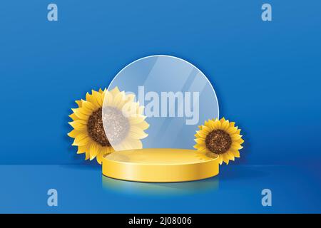 Minimalistische Szene mit rundem gelben Podium auf blauem Wandhintergrund und Sonnenblumen für Produktpräsentation, Modellbau, Werbung. Unterstützung der Ukraine Stock Vektor