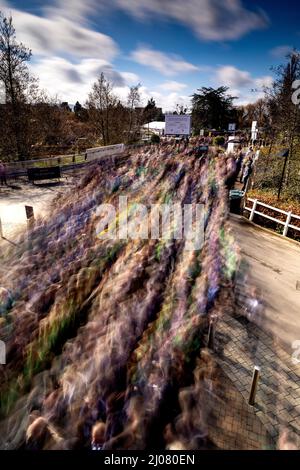 Rennfahrer kommen vor dem dritten Tag des Cheltenham Festivals auf der Pferderennbahn von Cheltenham an. Bilddatum: Donnerstag, 17. März 2022. Stockfoto