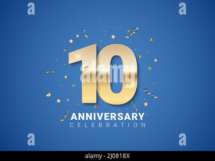 10 Jahrestag Hintergrund mit goldenen Zahlen, Konfetti, Sterne auf hellblauem Hintergrund. Abbildung Stockfoto
