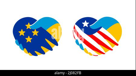 Handschlag zwischen der Ukraine und der Europäischen Union, USA. Symbol für wirtschaftliche Beziehungen und Unterstützung Stock Vektor