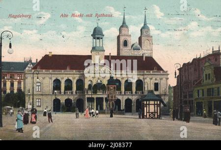 Alter Markt und Rathaus von Magdeburg, Sachsen-Anhalt, Deutschland, Ansicht um ca 1910, digitale Produktion einer historischen Postkarte, Public Domain, aus der damischen Zeit, genau Datum unbekannt Stockfoto