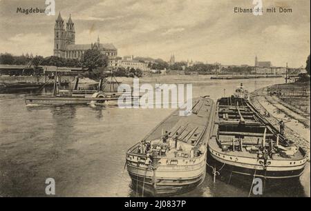 Elbe und Dom von Magdeburg, Sachsen-Anhalt, Deutschland, Ansicht um ca 1910, digitale Reproduktion einer historischen Postkarte, public Domain, aus der damischen Zeit, genau Datum unbekannt Stockfoto