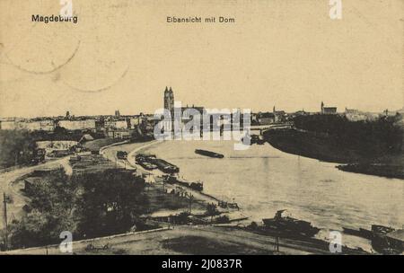 Elbe und Dom von Magdeburg, Sachsen-Anhalt, Deutschland, Ansicht um ca 1910, digitale Reproduktion einer historischen Postkarte, public Domain, aus der damischen Zeit, genau Datum unbekannt Stockfoto