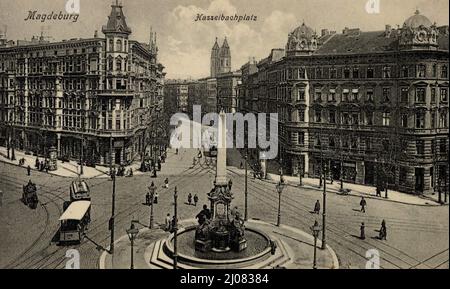 Hasselbachplatz in Magdeburg, Sachsen-Anhalt, Deutschland, Ansicht um ca 1910, digitale Reproduktion einer historischen Postkarte, public Domain, aus der offiziellen Zeit, genau Datum unbekannt Stockfoto