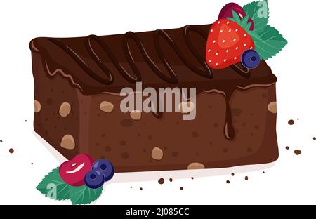 Süßes Brownie-Dessert mit fließender Schokolade, Nüssen und Beeren. Köstliches Stück Kuchen, Backen zum Geburtstag, Party und Urlaub. Vektorgrafik flach Stock Vektor