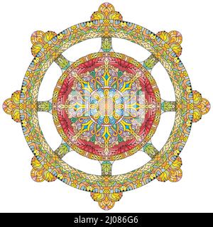 Dharma-Rad, Dharmachakra. Symbol der Buddha-Lehren auf dem Weg zur Erleuchtung, Befreiung vom Karmischen. Stock Vektor