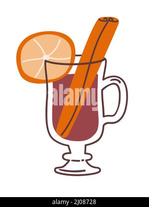 Ein Glas Glühwein mit Zimt und Orange. Vektorgrafik in einem flachen Stil Stock Vektor