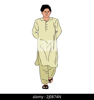 Junger pakistanischer Mann mit Schalwar Kameez, Kurta. Südasien Traditionelles Kleid, muslime männliche Wandertuch Vektor-Illustration Stock Vektor