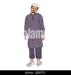 Junger pakistanischer Mann mit Schalwar Kameez, Kurta stehend. Südasien traditionelles Kleid, muslime männliche Tuch Vektor-Illustration Stock Vektor