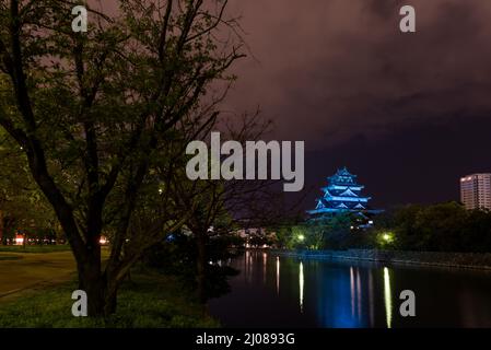 Nachtansicht der Umgebung von Hiroshima Castle, Hiroshima, Japan. Stockfoto