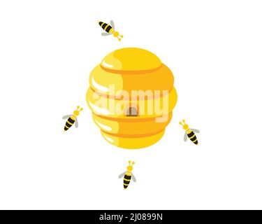 Bienenstock mit fliegenden Bienen rund Illustration Stock Vektor