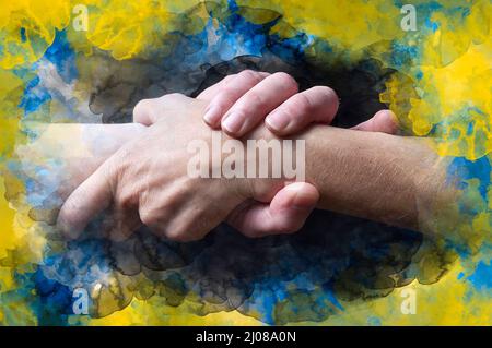 Männliche und weibliche Hände zusammen auf ukrainischer Farbflagge Stockfoto