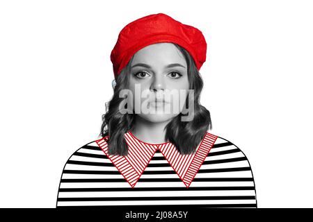 Kreative Kunstcollage. Junge Frau mit Linie Art Zeichnungen Tuch isoliert auf gelbem Hintergrund. Stockfoto