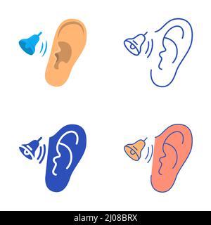 Symbol für Klingeln in den Ohren in flacher und linischer Form. Tinnitus-Krankheitskonzept. Vektorgrafik. Stock Vektor