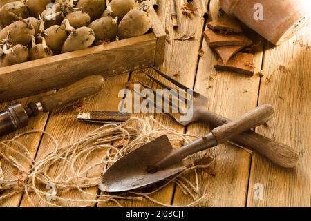 Vintage Gardening Topfstall Bank Stockfoto