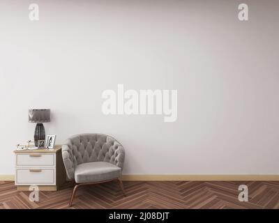 Mockup-Zimmer mit einem grauen Einzelstuhl, Beistelltisch, Fischgrätboden und Tischlampe. 3D Abbildung. 3D Rendern Stockfoto