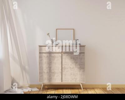 Mockup-Raum mit modernem Schrank, kleinem Rahmen, Objekten und Vorhängen. 3D Rendern. 3D Abbildung Stockfoto