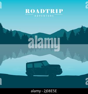 Naturlandschaft am See Roadtrip Abenteuer mit Offroad-Auto Stock Vektor