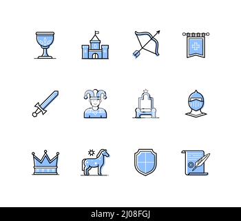 Mittelalter - modernes Liniendesign Stil Ikonen gesetzt Stock Vektor