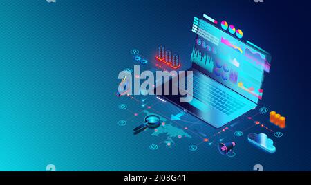 Sales and Business Intelligence Concept - Marketingkampagnen und programmatisches Marketing - Laptop umgeben von Vertriebs- und Marketingsymbolen - 3D Illus Stockfoto