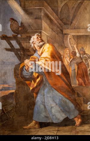 VALENCIA, SPANIEN - 14. FEBRUAR 2022: Das Fresko Petrus verleugne Jesus in der Seitenkapelle der Kathedrale von Antonio Palomino aus (1703). Stockfoto