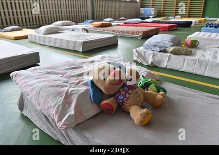 Hodonin, Tschechische Republik. 17. März 2022. Die Stadt Hodonin, Tschechische Republik, hat die Notunterkunft für Kriegsflüchtlinge aus der Ukraine in der Turnhalle der Schule in Hodonin, Tschechische Republik, eingerichtet, abgebildet am 17. März 2022. Die Ukrainer fliehen vor dem Krieg, als Russland am 24. Februar in die Ukraine einmarschierte. Quelle: Vaclav Salek/CTK Photo/Alamy Live News Stockfoto