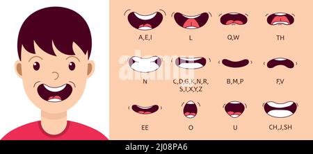 Cartoon sprechende Mund und Lippen Ausdrücke. Sprechende Mund Lippen für Zeichentrickfilm-Animation. Stock Vektor