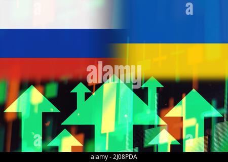 Steigende Aktienkurse während des russisch-ukrainischen Konflikts, dargestellt durch grüne Pfeile. Stockfoto