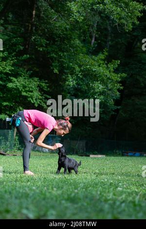 Hundetrainerin lockt jungen schwarzen labrador Retriever Welpen mit Futter, um ihren grundlegenden Gehorsam draußen in grüner Natur zu lehren. Stockfoto