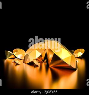 Gold-Metallic-Diamanten auf schwarzem Hintergrund. 3D Rendern Stockfoto