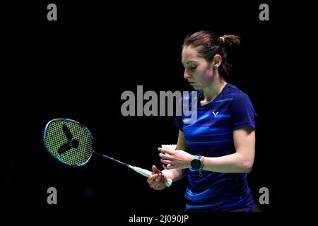 Der schottische Kirsty Gilmour ist am zweiten Tag der YONEX All England Open Badminton Championships in der utilita Arena Birmingham gegen den Koreaner an Seyoung im Einsatz. Bilddatum: Donnerstag, 17. März 2022. Stockfoto