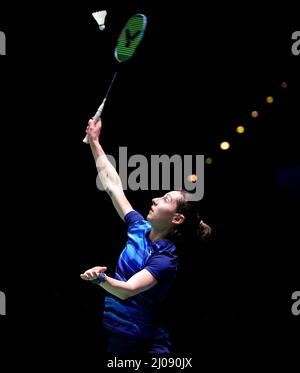 Der schottische Kirsty Gilmour ist am zweiten Tag der YONEX All England Open Badminton Championships in der utilita Arena Birmingham gegen den Koreaner an Seyoung im Einsatz. Bilddatum: Donnerstag, 17. März 2022. Stockfoto