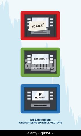 Geldautomaten ohne Geldschild, flaches Design-Vektor eps. Konzept des Geldscheinmangels, Krise des Finanzsektors. Stock Vektor