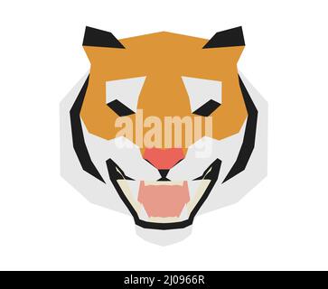 Abstrakter Low-Poly-Tiger-Kopf im Gesicht mit Glitch-Effekt, 3D Rendering Stockfoto