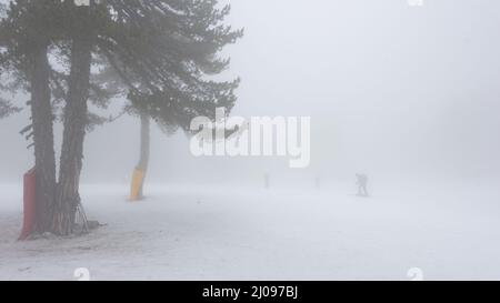 Silhouette eines Skilanglaufers, der in sehr dichtem Nebel kaum sichtbar ist. Schlechtes Wetter auf dem Skigebiet Stockfoto