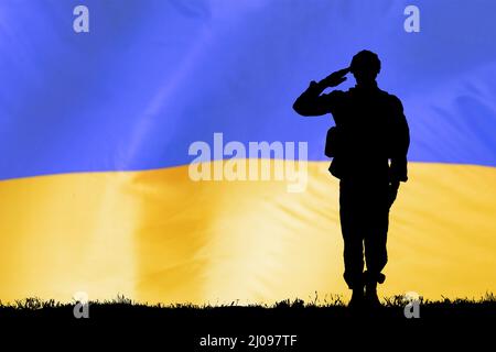 Ukrainischer Soldat Vor Ukrainischer Flagge Stockfoto