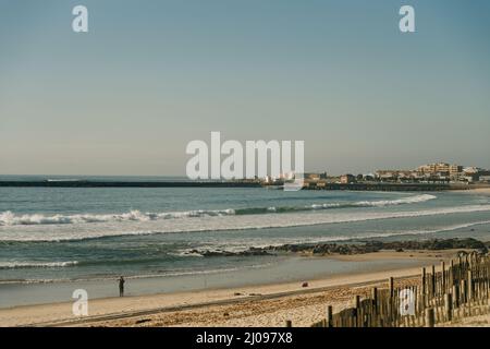 Die hölzerne Treppe an der felsigen Küste an einem sonnigen Tag. Strand in Portugal. Hochwertige Fotos Stockfoto