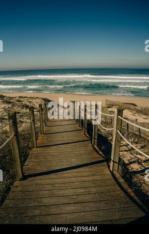 Die hölzerne Treppe an der felsigen Küste an einem sonnigen Tag. Strand in Portugal. Hochwertige Fotos Stockfoto