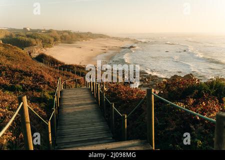 Die hölzerne Treppe an der felsigen Küste an einem sonnigen Tag. Strand in Portugal. Hochwertige Fotos Stockfoto