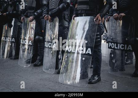 Weibliche Polizisten bereiten sich darauf vor, feministische Demonstranten für den internationalen Frauentag zu verdrängen Stockfoto