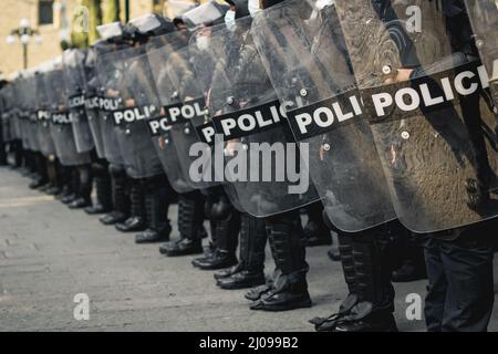 Weibliche Polizisten bereiten sich darauf vor, feministische Demonstranten für den internationalen Frauentag zu verdrängen Stockfoto