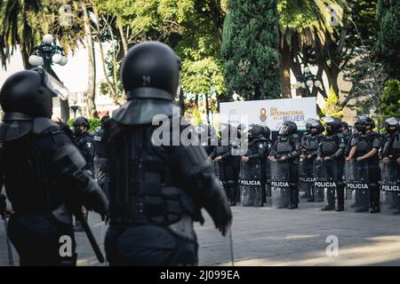 Weibliche Polizisten bereiten sich darauf vor, feministische Demonstranten für den internationalen Frauentag zu verdrängen Stockfoto