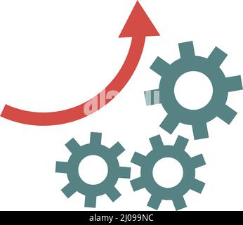 Zahnräder und Pfeil nach oben. Verbesserung des Geschäftsmodells. Mechanismen werden erstellt. Bearbeitbarer Vektor. Stock Vektor