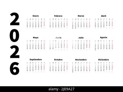 2026 Jahre einfacher horizontaler Kalender auf spanisch, typografischer Kalender isoliert auf Weiß Stock Vektor