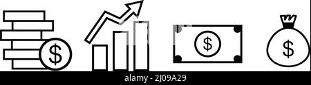 Icon Set von Dollar-Münzen, Balkendiagramme, Dollar-Scheine und Taschen von Dollar. Bearbeitbarer Vektor. Stock Vektor