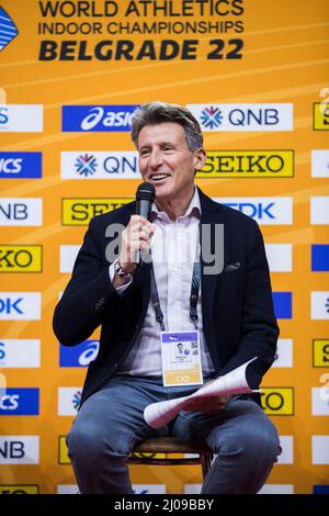 Belgrad, Serbien, 17.. März 2022. Der Präsident des Weltathletic Federation Sebastian Coe spricht während der Leichtathletik-Hallenweltmeisterschaften Belgrad 2022 - Pressekonferenz in Belgrad, Serbien. 17. März 2022. Kredit: Nikola Krstic/Alamy Stockfoto