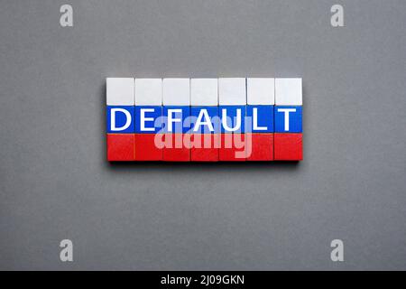 Holzwürfel Text Konzept Standard-Blöcke Stapel Russische Föderation Krise. Cubes Standardtext isolierte Flagge von Russland Konzept. Aus Blockbuchstaben Stockfoto